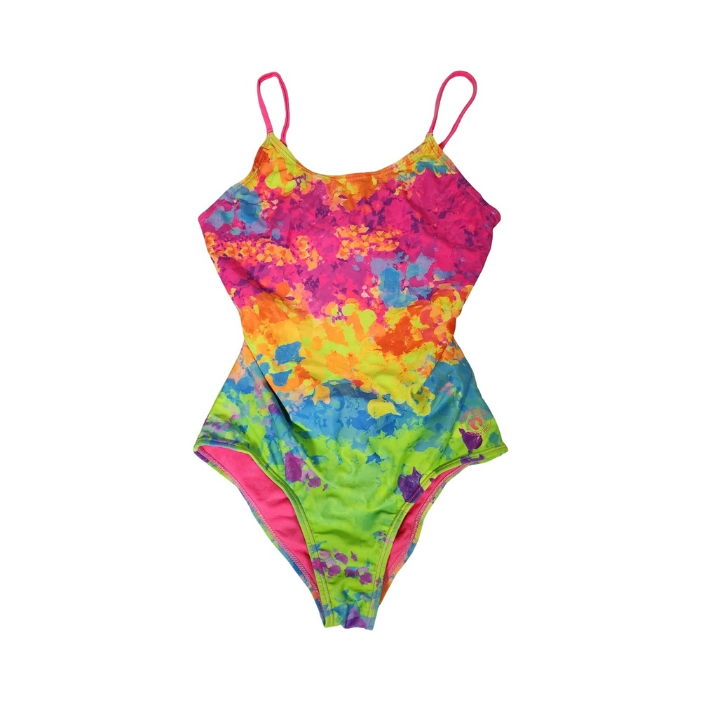 Hang Ten Girls Rainbow Tie Dye One Piece Swimsuit Cutout Back Pink Size M 10/12